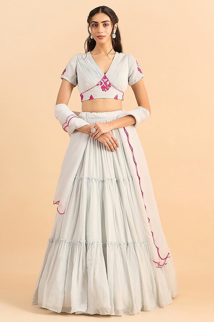 Powder Blue Viscose Organza Wedding Lehenga Set by RoohbyRidhimaa at Pernia's Pop Up Shop