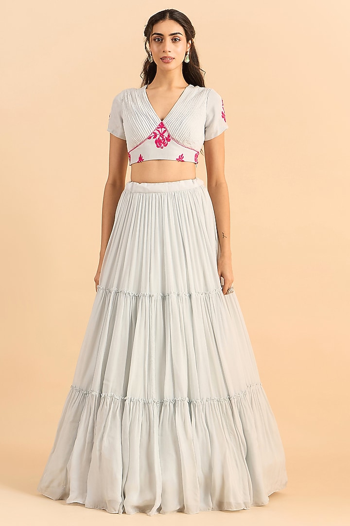 Powder Blue Viscose Organza Lehenga Set by RoohbyRidhimaa at Pernia's Pop Up Shop