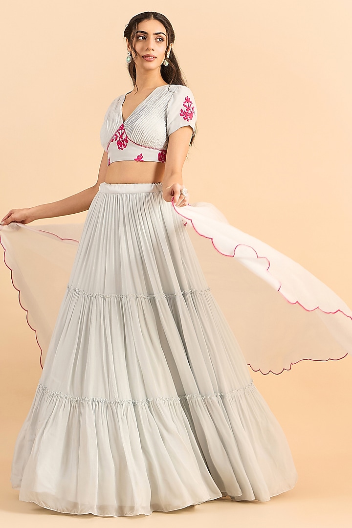 Powder Blue Viscose Organza Lehenga Set by RoohbyRidhimaa at Pernia's Pop Up Shop