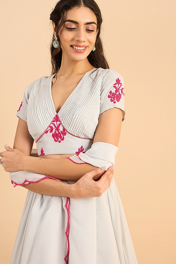 Powder Blue Viscose Organza Lehenga Set by RoohbyRidhimaa at Pernia's Pop Up Shop
