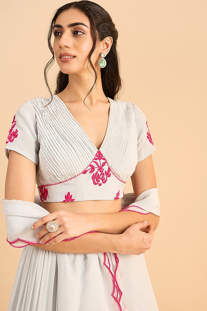 Powder Blue Viscose Organza Lehenga Set by RoohbyRidhimaa at Pernia's Pop Up Shop
