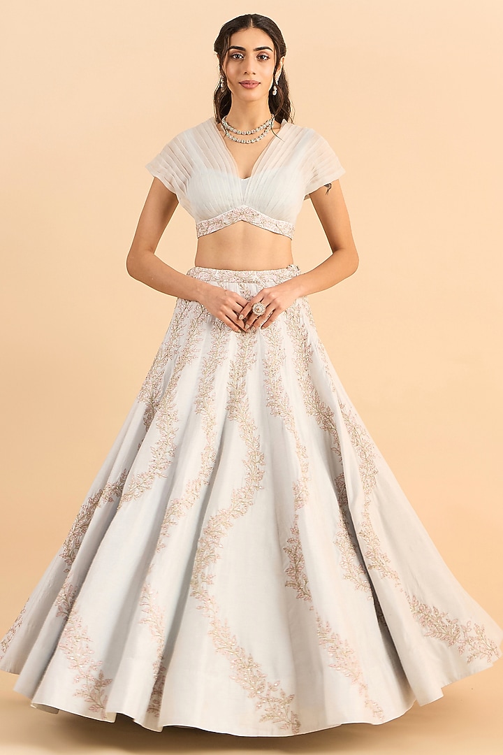 Powder Blue Pure Viscose Raw Silk Embroidered Wedding Lehenga Set by RoohbyRidhimaa at Pernia's Pop Up Shop