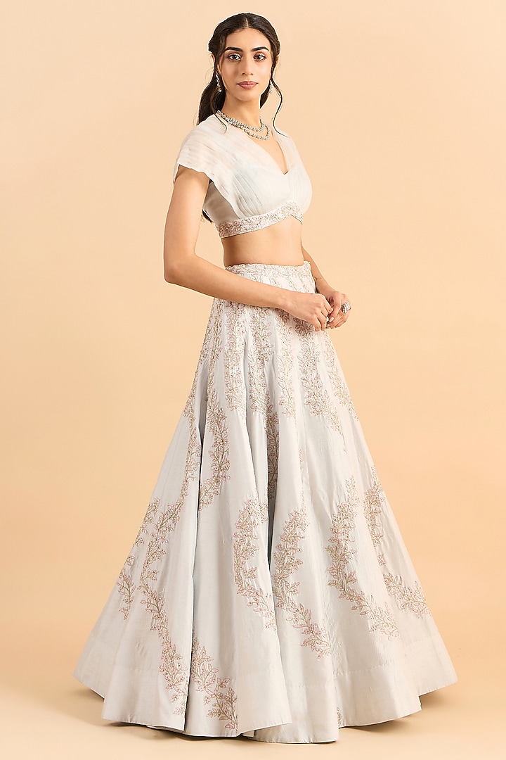 Powder Blue Pure Viscose Raw Silk Embroidered Wedding Lehenga Set by RoohbyRidhimaa at Pernia's Pop Up Shop