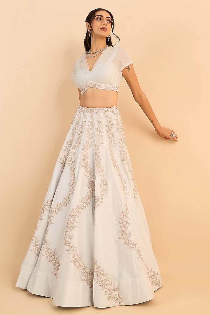 Powder Blue Pure Viscose Raw Silk Embroidered Wedding Lehenga Set by RoohbyRidhimaa at Pernia's Pop Up Shop