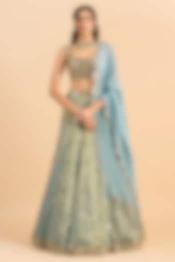 Blue Shimmer Organza Embroidered Wedding Lehenga Set by RoohbyRidhimaa at Pernia's Pop Up Shop