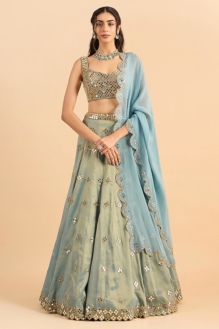Blue Shimmer Organza Embroidered Wedding Lehenga Set by RoohbyRidhimaa at Pernia's Pop Up Shop