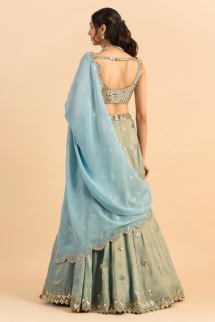 Blue Shimmer Organza Embroidered Wedding Lehenga Set by RoohbyRidhimaa at Pernia's Pop Up Shop