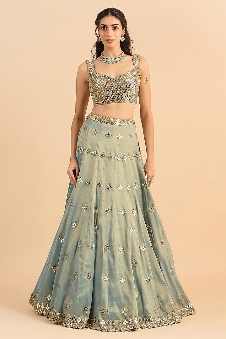 Blue Shimmer Organza Embroidered Wedding Lehenga Set by RoohbyRidhimaa at Pernia's Pop Up Shop