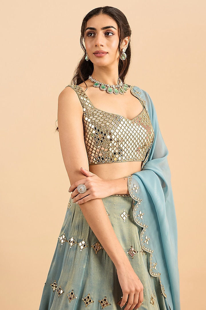Blue Shimmer Organza Embroidered Wedding Lehenga Set by RoohbyRidhimaa at Pernia's Pop Up Shop