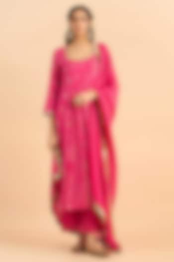 Fuchsia Pink Silk Chanderi Embellished Kalidar Party Wear Anarkali Set by RoohbyRidhimaa at Pernia's Pop Up Shop