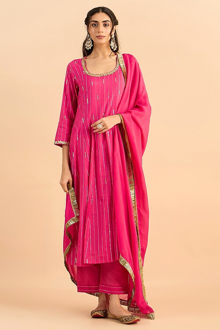 Fuchsia Pink Silk Chanderi Embellished Kalidar Party Wear Anarkali Set by RoohbyRidhimaa at Pernia's Pop Up Shop