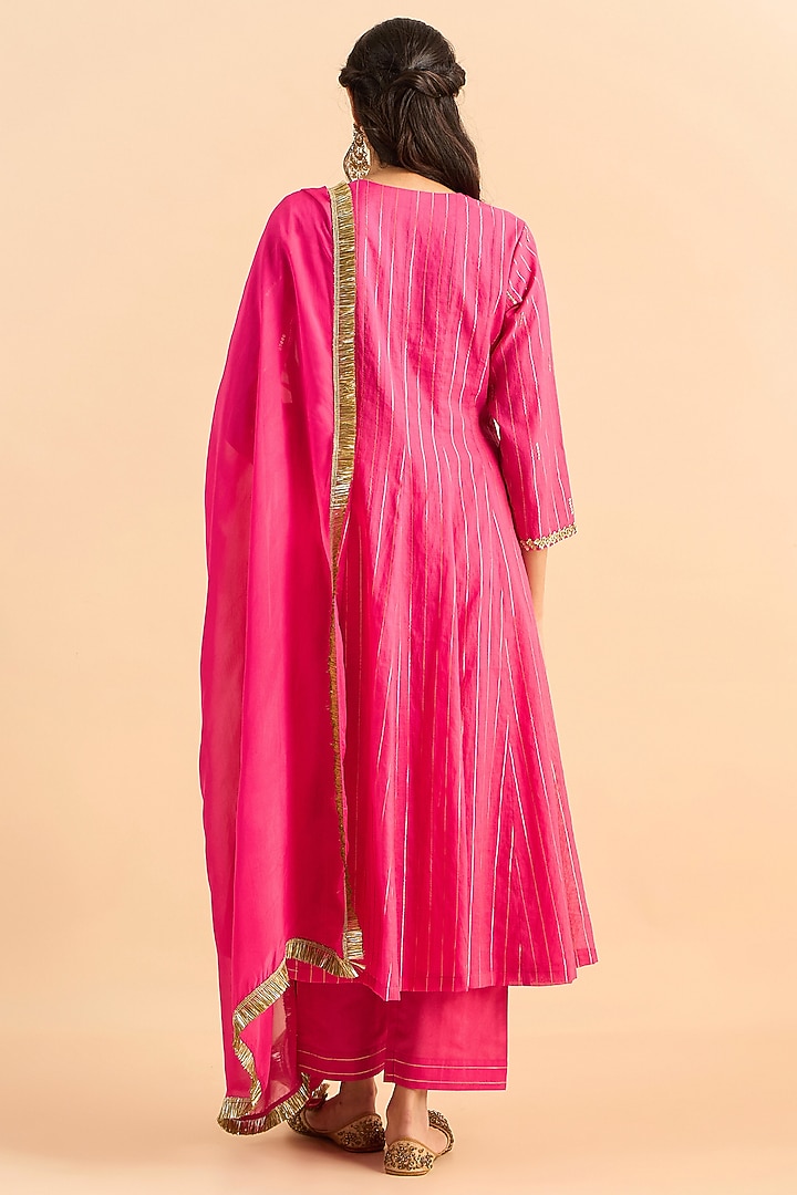 Fuchsia Pink Silk Chanderi Embellished Kalidar Party Wear Anarkali Set by RoohbyRidhimaa at Pernia's Pop Up Shop