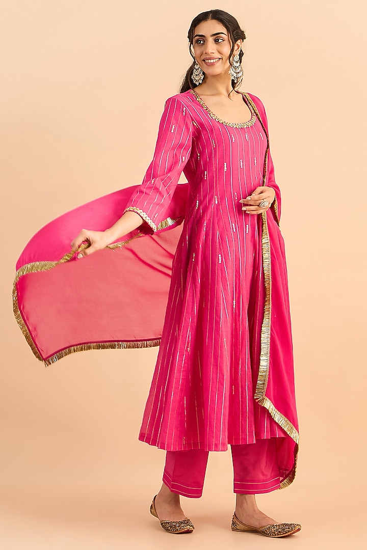 Fuchsia Pink Silk Chanderi Embellished Kalidar Party Wear Anarkali Set by RoohbyRidhimaa at Pernia's Pop Up Shop