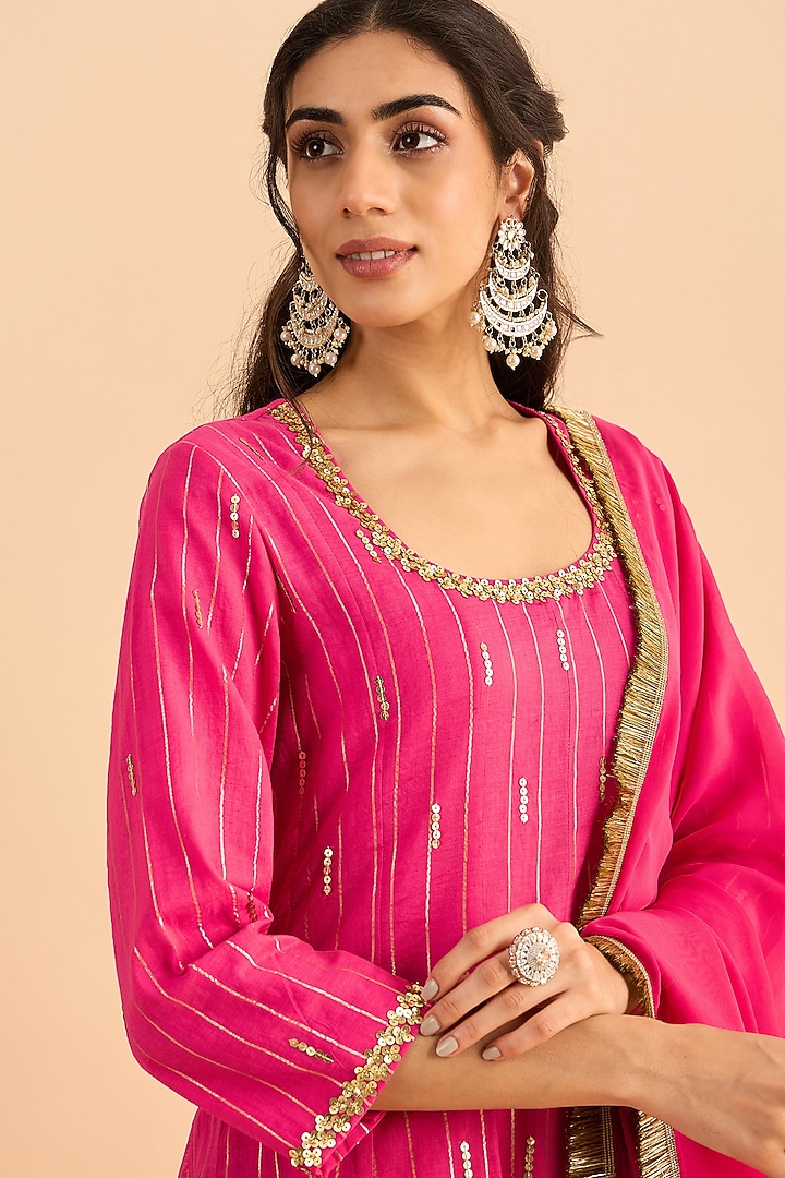 Fuchsia Pink Silk Chanderi Embellished Kalidar Party Wear Anarkali Set by RoohbyRidhimaa at Pernia's Pop Up Shop