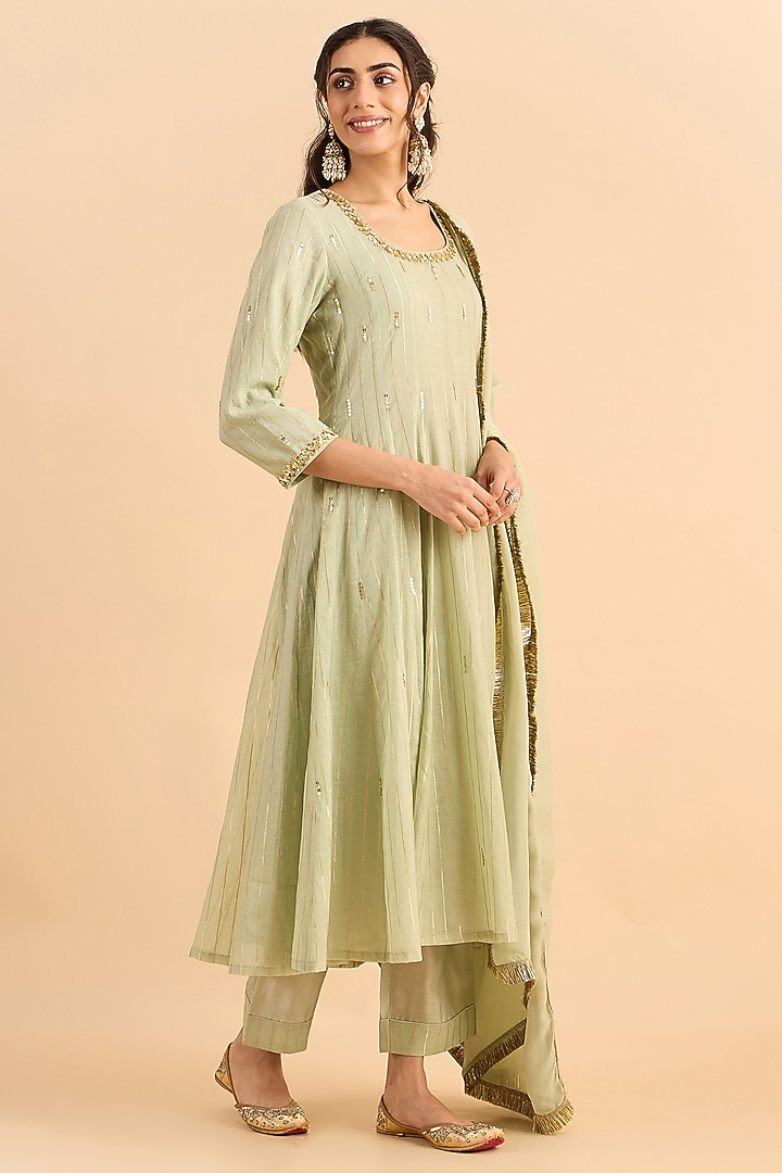 Pistachio Green Silk Chanderi Embellished Kalidar Party Wear Anarkali Set by RoohbyRidhimaa at Pernia's Pop Up Shop