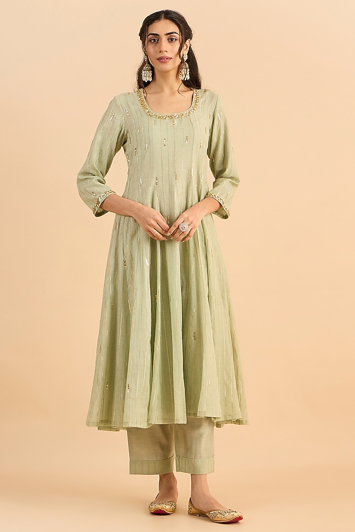 Pistachio Green Silk Chanderi Embellished Kalidar Party Wear Anarkali Set by RoohbyRidhimaa at Pernia's Pop Up Shop
