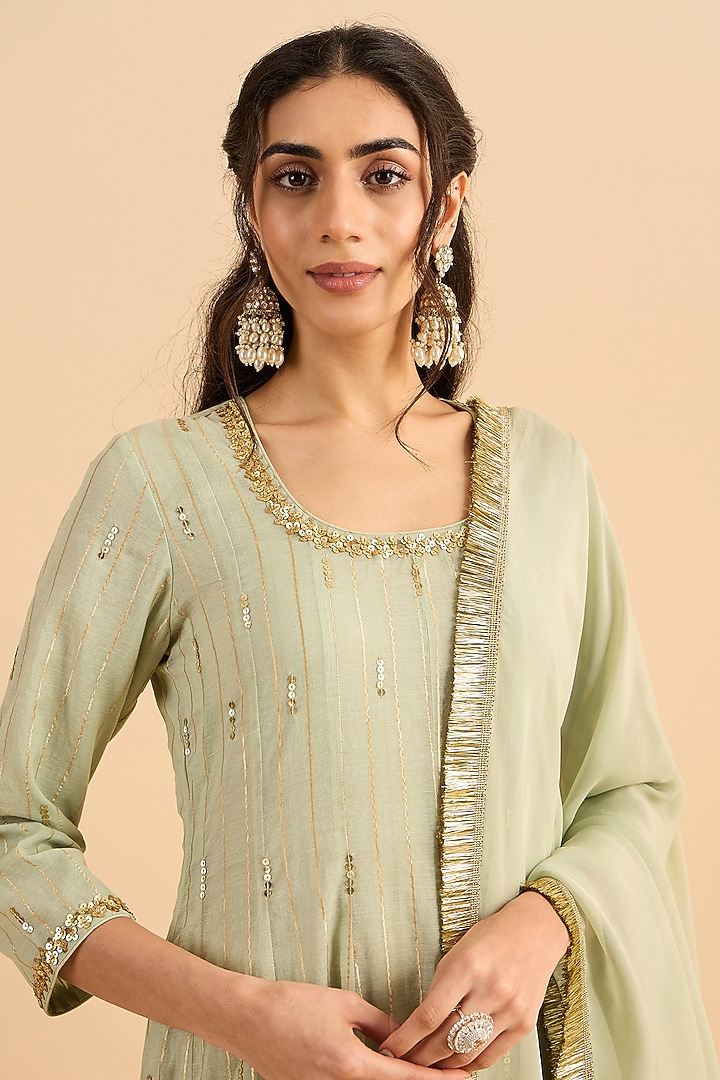 Pistachio Green Silk Chanderi Embellished Kalidar Party Wear Anarkali Set by RoohbyRidhimaa at Pernia's Pop Up Shop