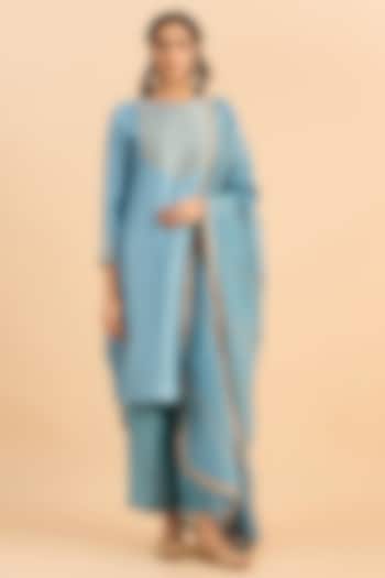 Steel Blue Viscose Raw Silk Embroidered A-Line Kurta Set by RoohbyRidhimaa at Pernia's Pop Up Shop
