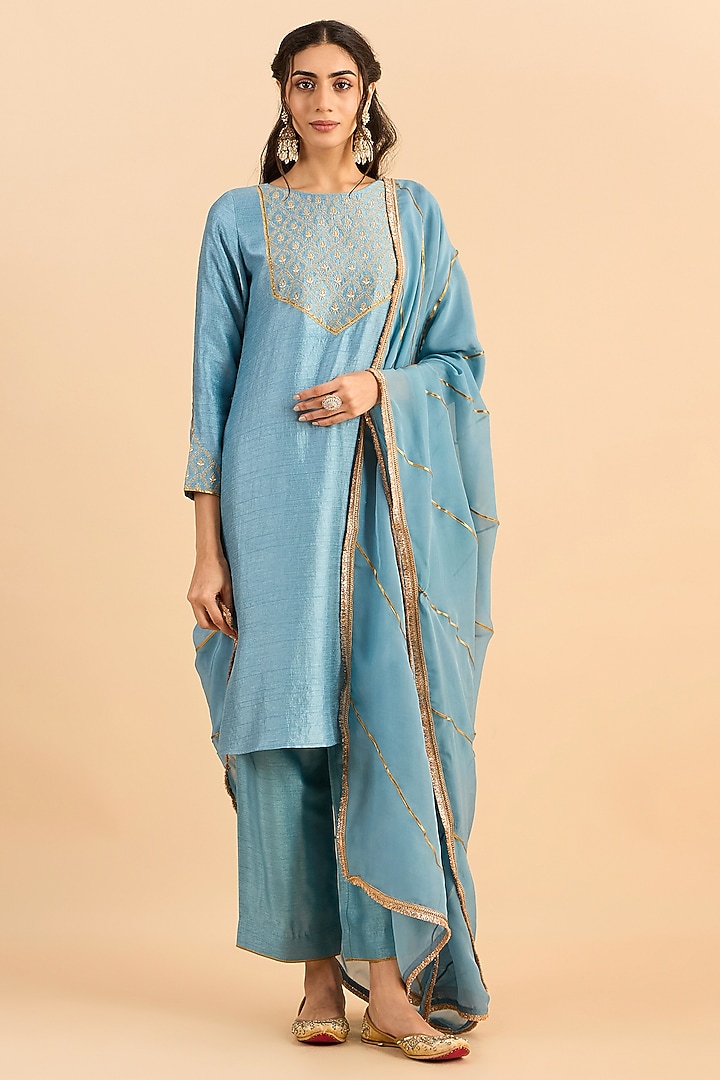 Steel Blue Viscose Raw Silk Embroidered A-Line Kurta Set by RoohbyRidhimaa at Pernia's Pop Up Shop