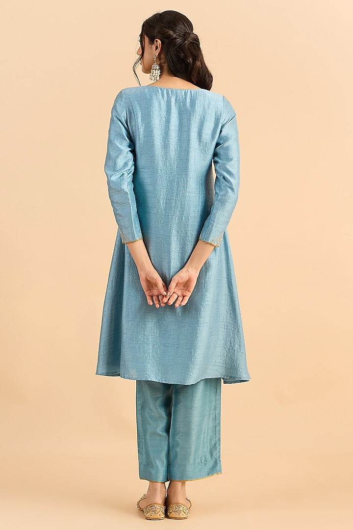 Steel Blue Viscose Raw Silk Embroidered A-Line Kurta Set by RoohbyRidhimaa at Pernia's Pop Up Shop