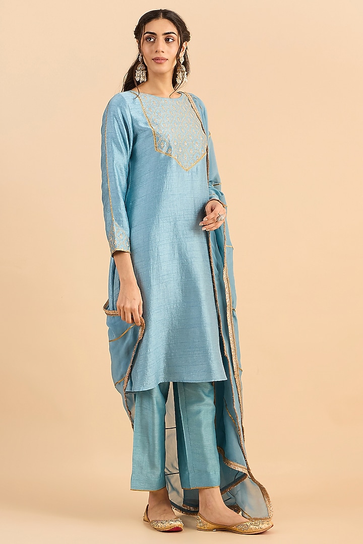 Steel Blue Viscose Raw Silk Embroidered A-Line Kurta Set by RoohbyRidhimaa at Pernia's Pop Up Shop