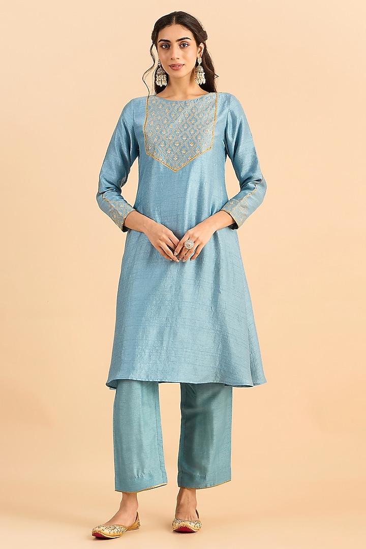 Steel Blue Viscose Raw Silk Embroidered A-Line Kurta Set by RoohbyRidhimaa at Pernia's Pop Up Shop