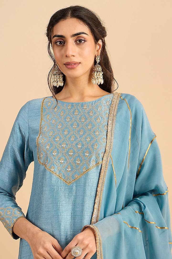 Steel Blue Viscose Raw Silk Embroidered A-Line Kurta Set by RoohbyRidhimaa at Pernia's Pop Up Shop