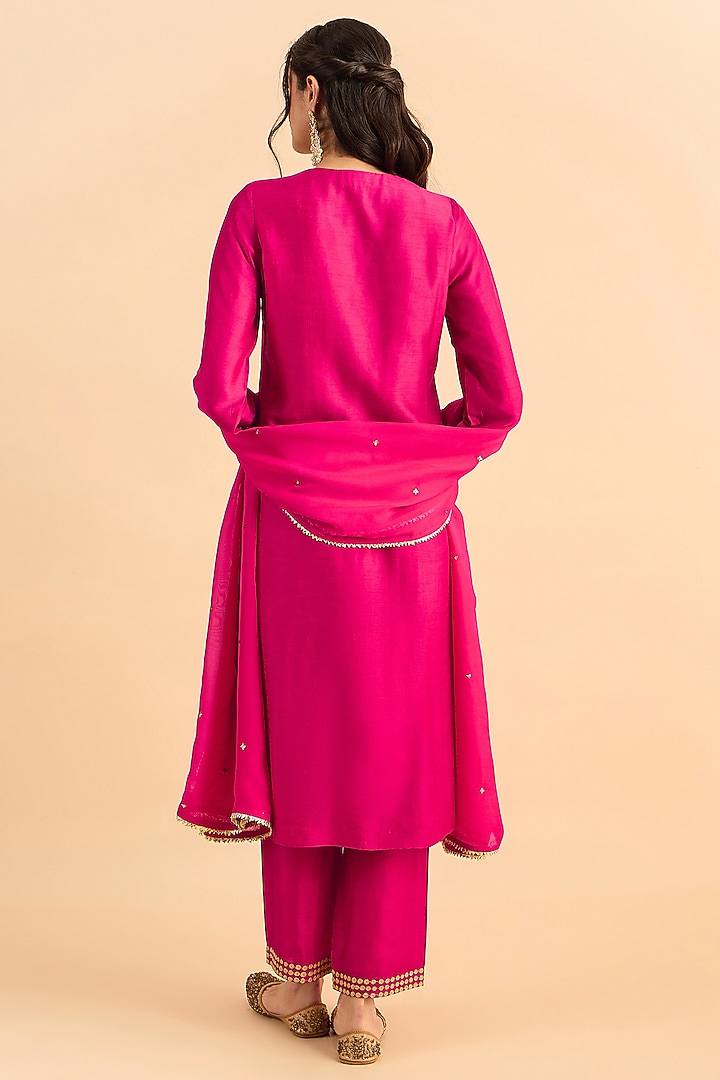 Fuchsia Pink Viscose Raw Silk Embroidered Kurta Set by RoohbyRidhimaa at Pernia's Pop Up Shop