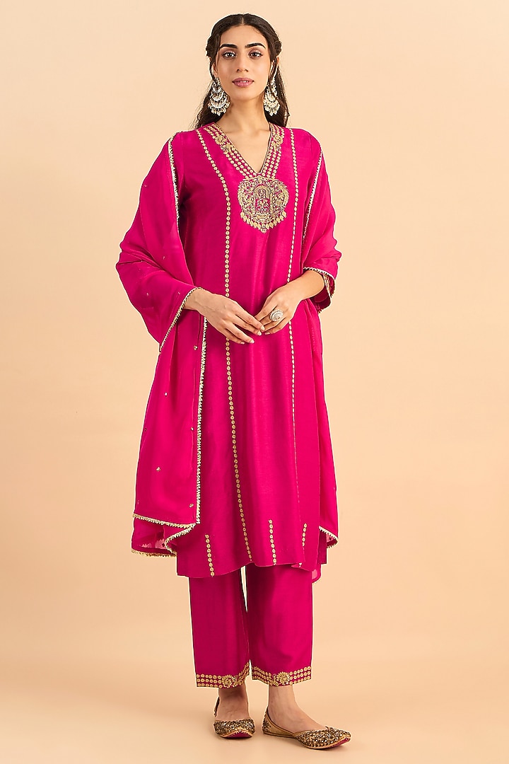 Fuchsia Pink Viscose Raw Silk Embroidered Kurta Set by RoohbyRidhimaa at Pernia's Pop Up Shop