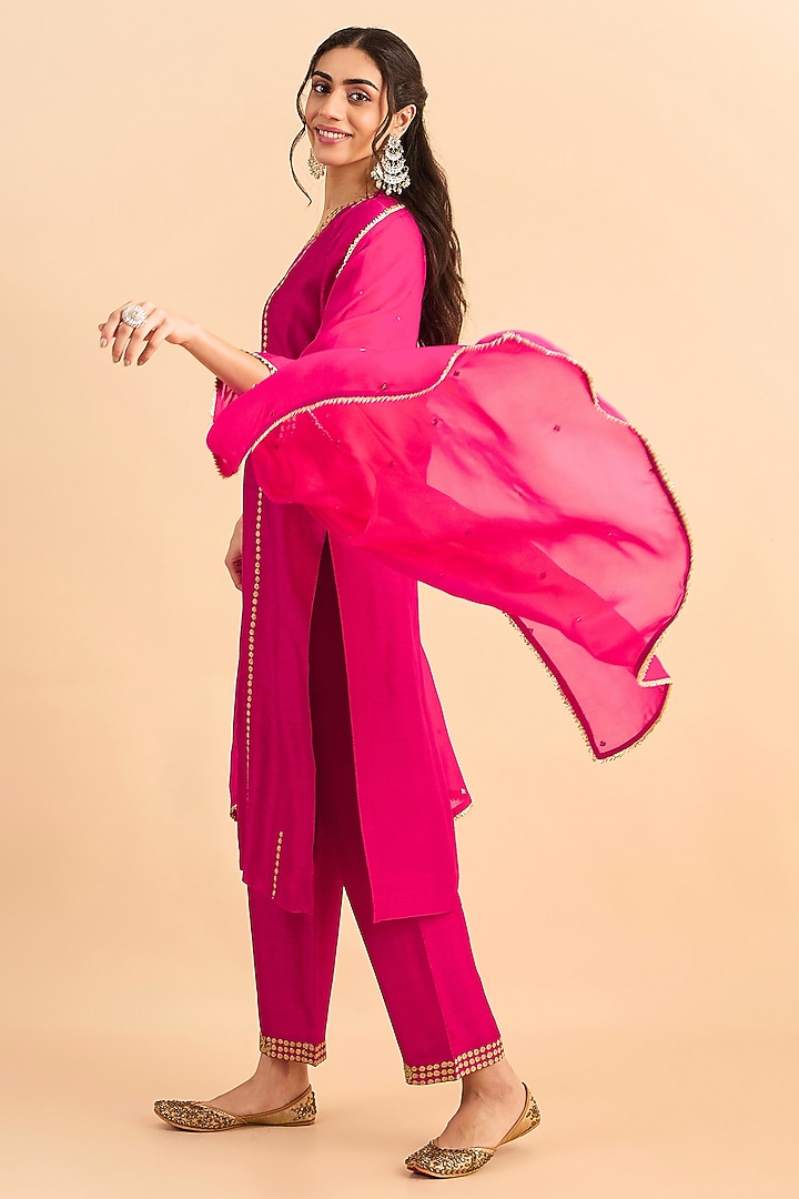 Fuchsia Pink Viscose Raw Silk Embroidered Kurta Set by RoohbyRidhimaa at Pernia's Pop Up Shop