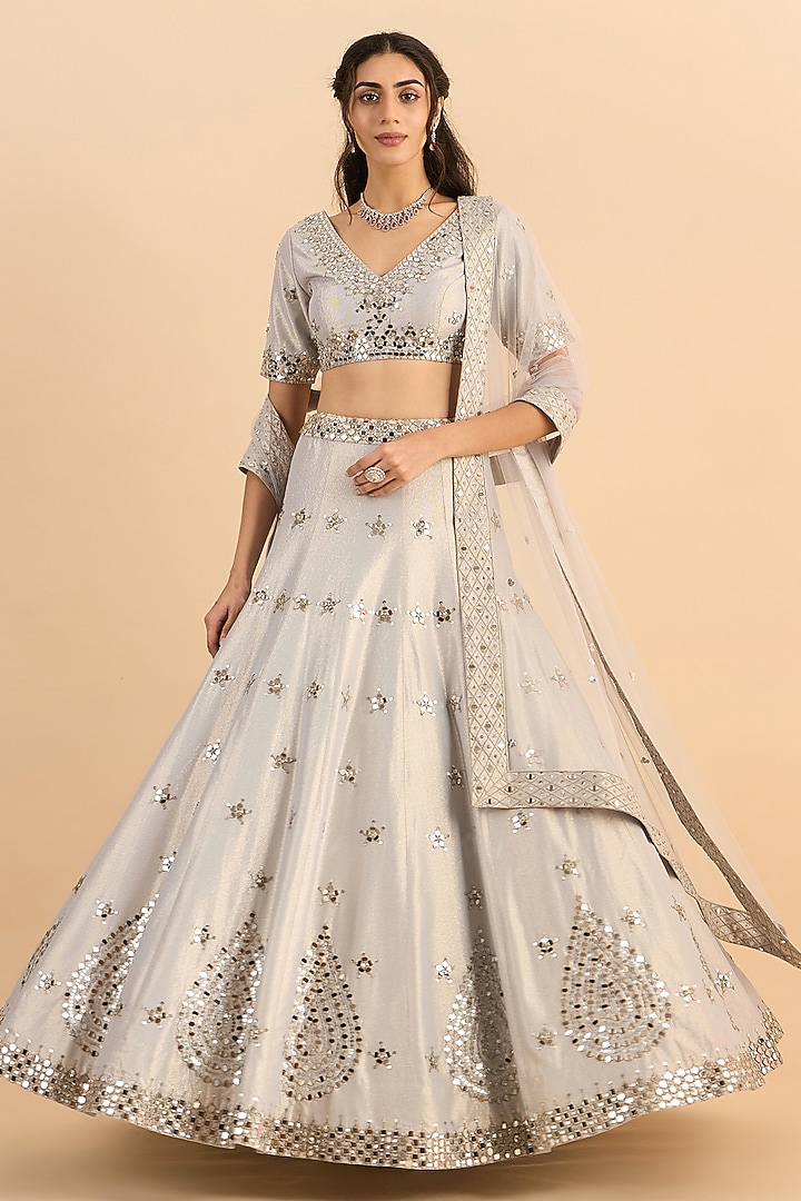 Silver Shimmer Crepe Embroidered Bridal Lehenga Set by RoohbyRidhimaa at Pernia's Pop Up Shop