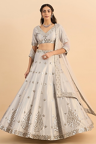 Silver Shimmer Crepe Embroidered Lehenga Set by RoohbyRidhimaa