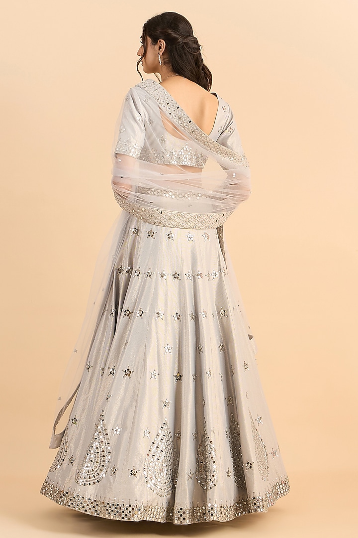 Silver Shimmer Crepe Embroidered Bridal Lehenga Set by RoohbyRidhimaa at Pernia's Pop Up Shop