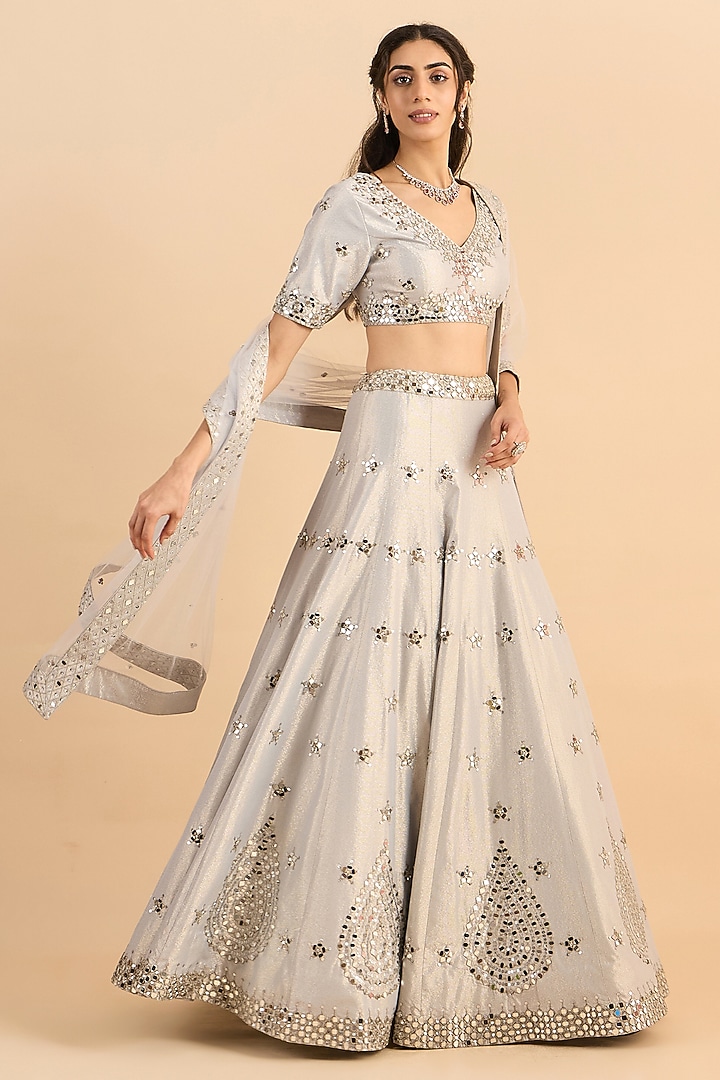 Silver Shimmer Crepe Embroidered Bridal Lehenga Set by RoohbyRidhimaa at Pernia's Pop Up Shop