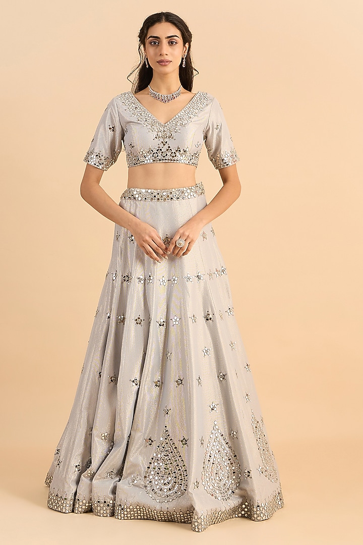 Silver Shimmer Crepe Embroidered Bridal Lehenga Set by RoohbyRidhimaa at Pernia's Pop Up Shop