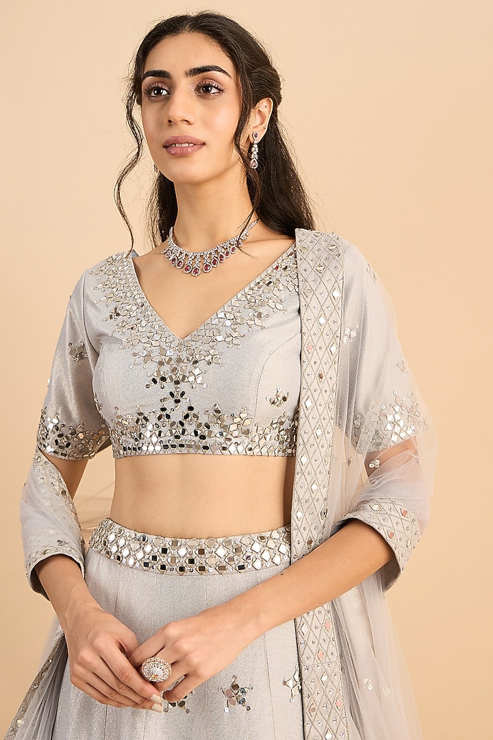 Silver Shimmer Crepe Embroidered Bridal Lehenga Set by RoohbyRidhimaa at Pernia's Pop Up Shop