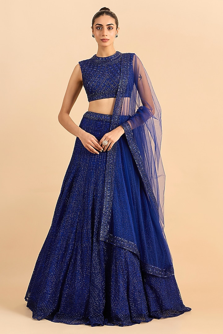 Royal Blue Soft Net Hand Embroidered Bridal Lehenga Set by RoohbyRidhimaa at Pernia's Pop Up Shop