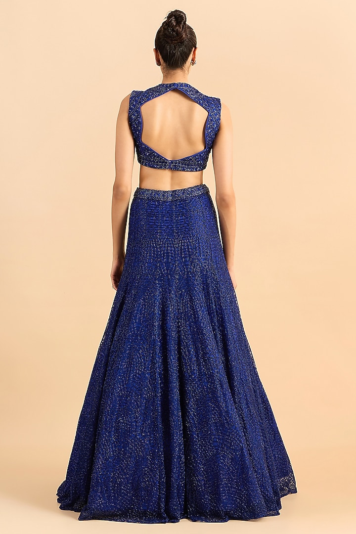 Royal Blue Soft Net Hand Embroidered Bridal Lehenga Set by RoohbyRidhimaa at Pernia's Pop Up Shop