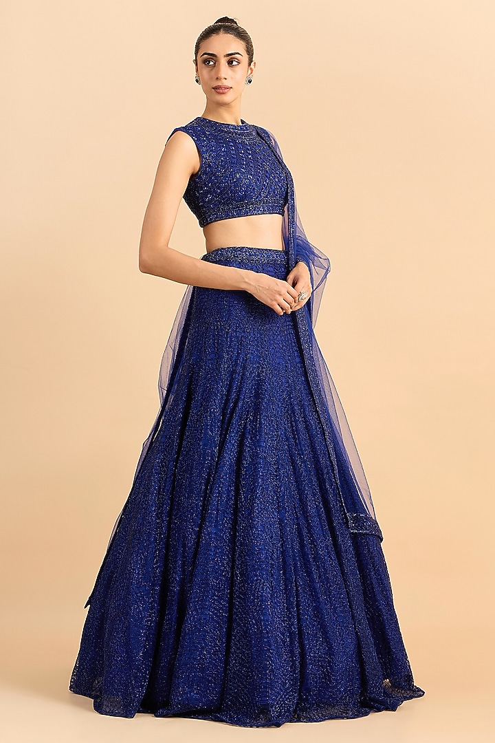 Royal Blue Soft Net Hand Embroidered Bridal Lehenga Set by RoohbyRidhimaa at Pernia's Pop Up Shop