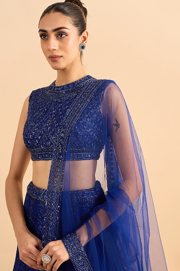Royal Blue Soft Net Hand Embroidered Bridal Lehenga Set by RoohbyRidhimaa at Pernia's Pop Up Shop