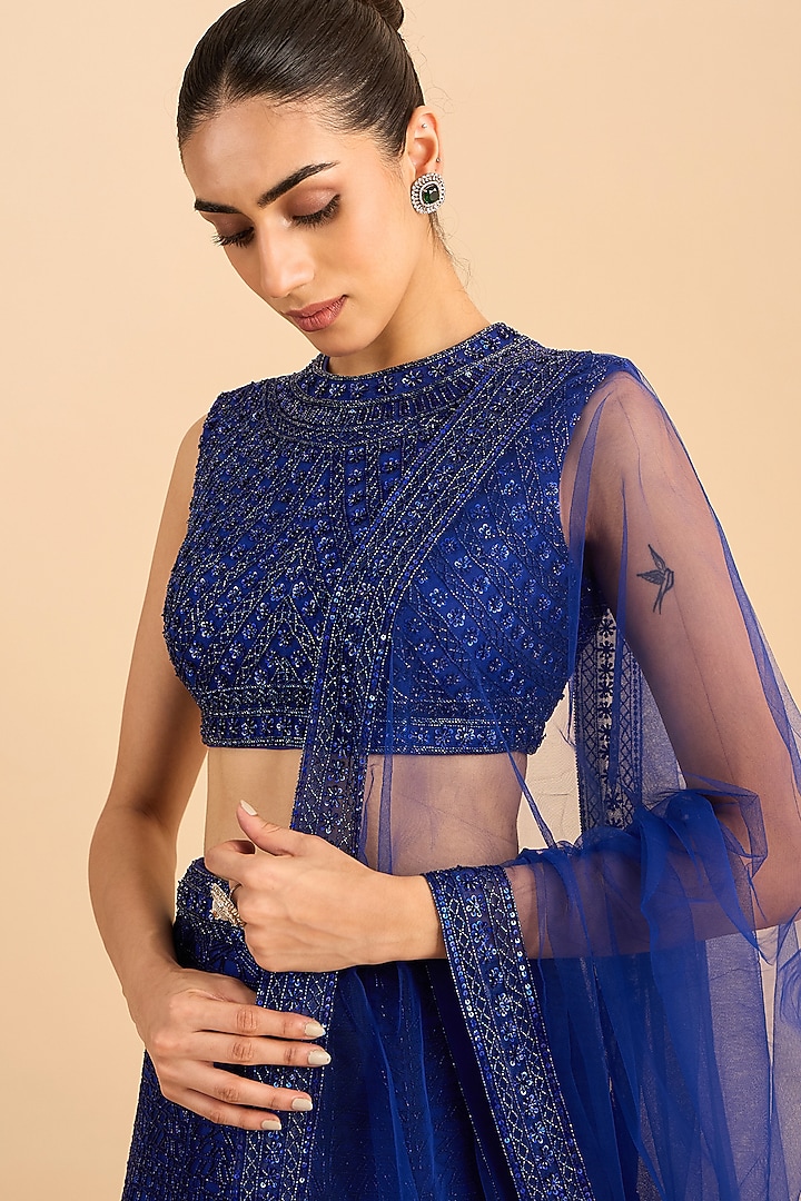 Royal Blue Soft Net Hand Embroidered Bridal Lehenga Set by RoohbyRidhimaa at Pernia's Pop Up Shop