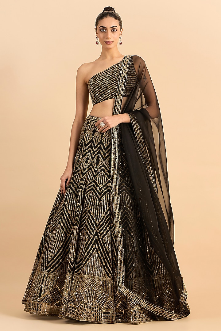 Black Soft Net Hand Embroidered Bridal Lehenga Set by RoohbyRidhimaa at Pernia's Pop Up Shop