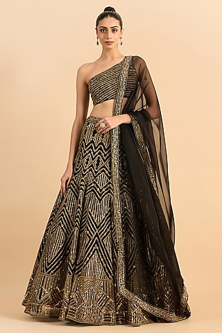 Black Soft Net Hand Embroidered Lehenga Set by RoohbyRidhimaa