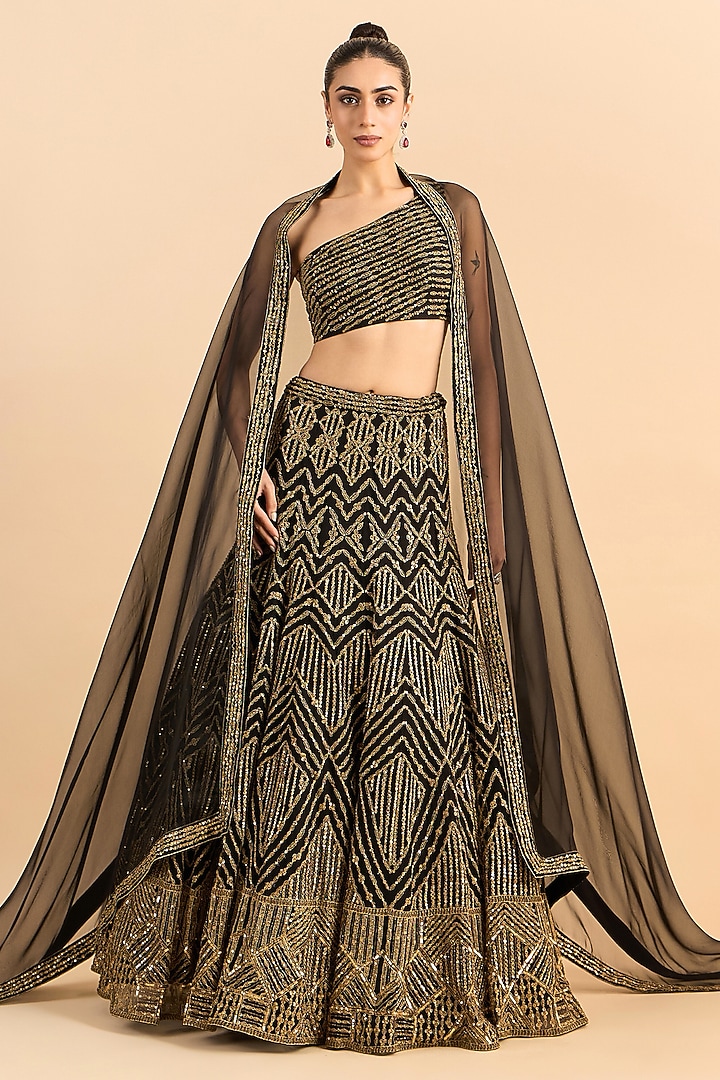 Black Soft Net Hand Embroidered Bridal Lehenga Set by RoohbyRidhimaa at Pernia's Pop Up Shop