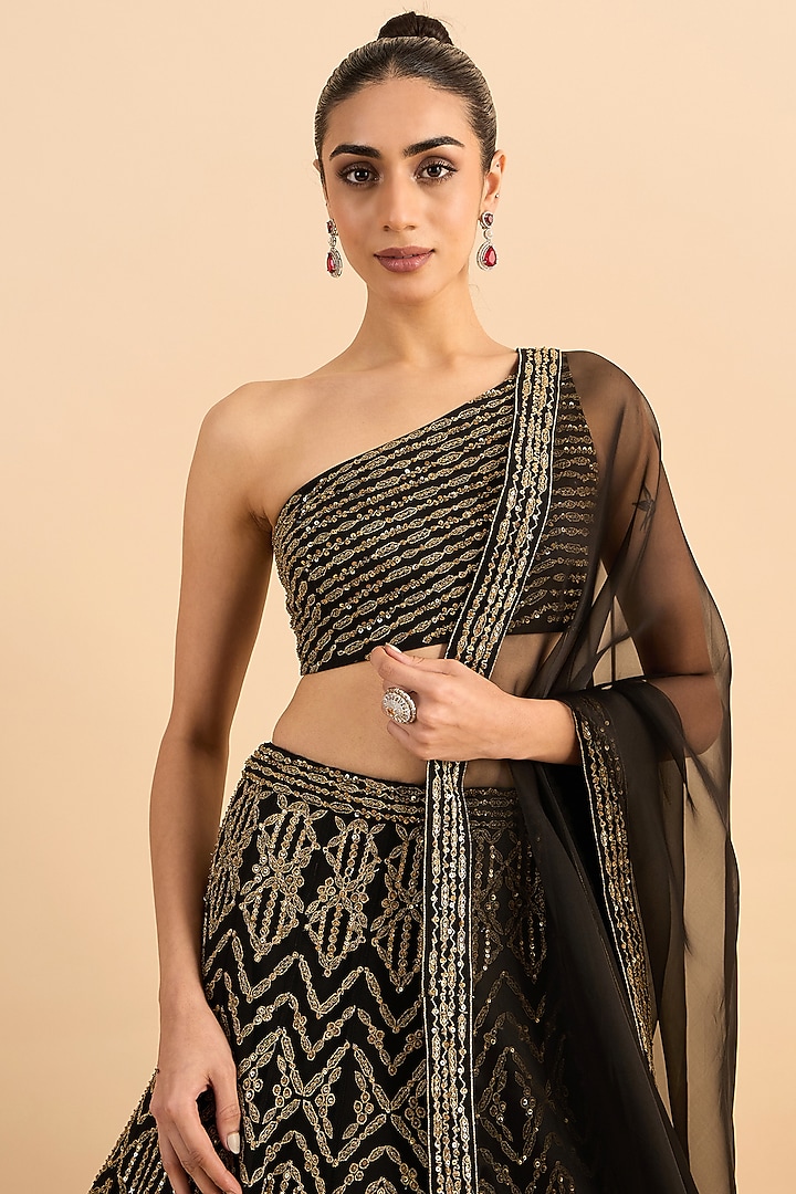 Black Soft Net Hand Embroidered Bridal Lehenga Set by RoohbyRidhimaa at Pernia's Pop Up Shop
