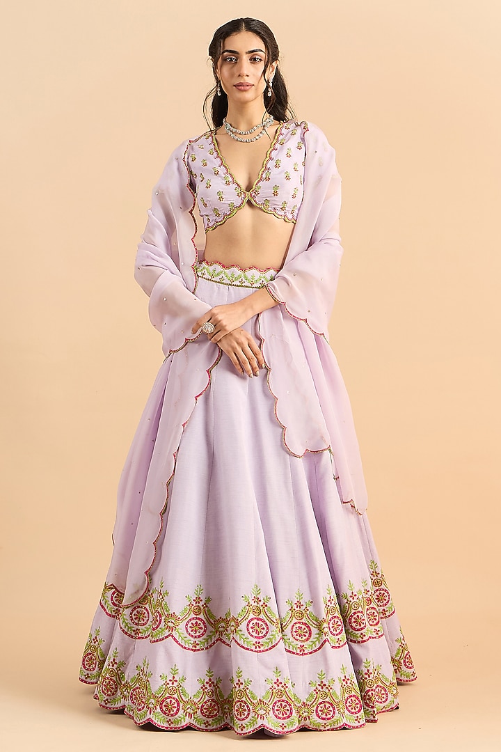 Lilac Viscose Raw Silk Hand Embroidered Wedding Lehenga Set by RoohbyRidhimaa at Pernia's Pop Up Shop