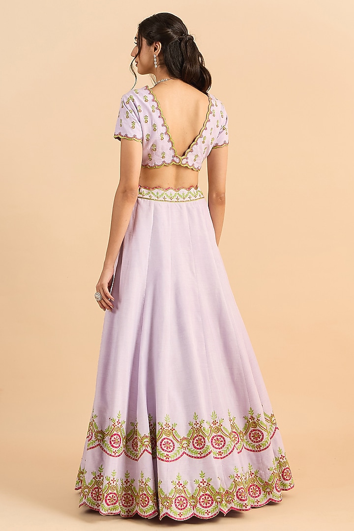 Lilac Viscose Raw Silk Hand Embroidered Wedding Lehenga Set by RoohbyRidhimaa at Pernia's Pop Up Shop
