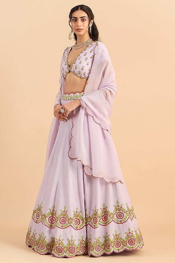 Lilac Viscose Raw Silk Hand Embroidered Wedding Lehenga Set by RoohbyRidhimaa at Pernia's Pop Up Shop