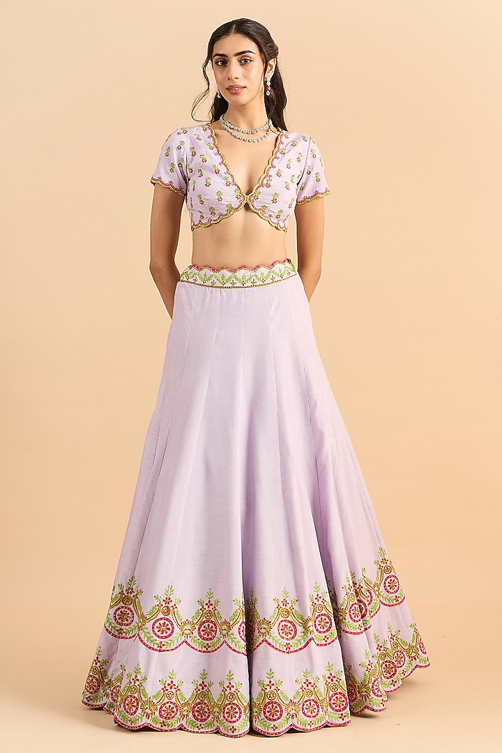 Lilac Viscose Raw Silk Hand Embroidered Wedding Lehenga Set by RoohbyRidhimaa at Pernia's Pop Up Shop