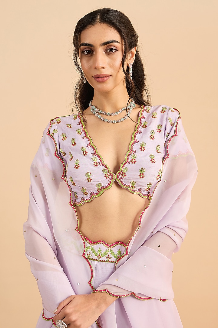 Lilac Viscose Raw Silk Hand Embroidered Wedding Lehenga Set by RoohbyRidhimaa at Pernia's Pop Up Shop